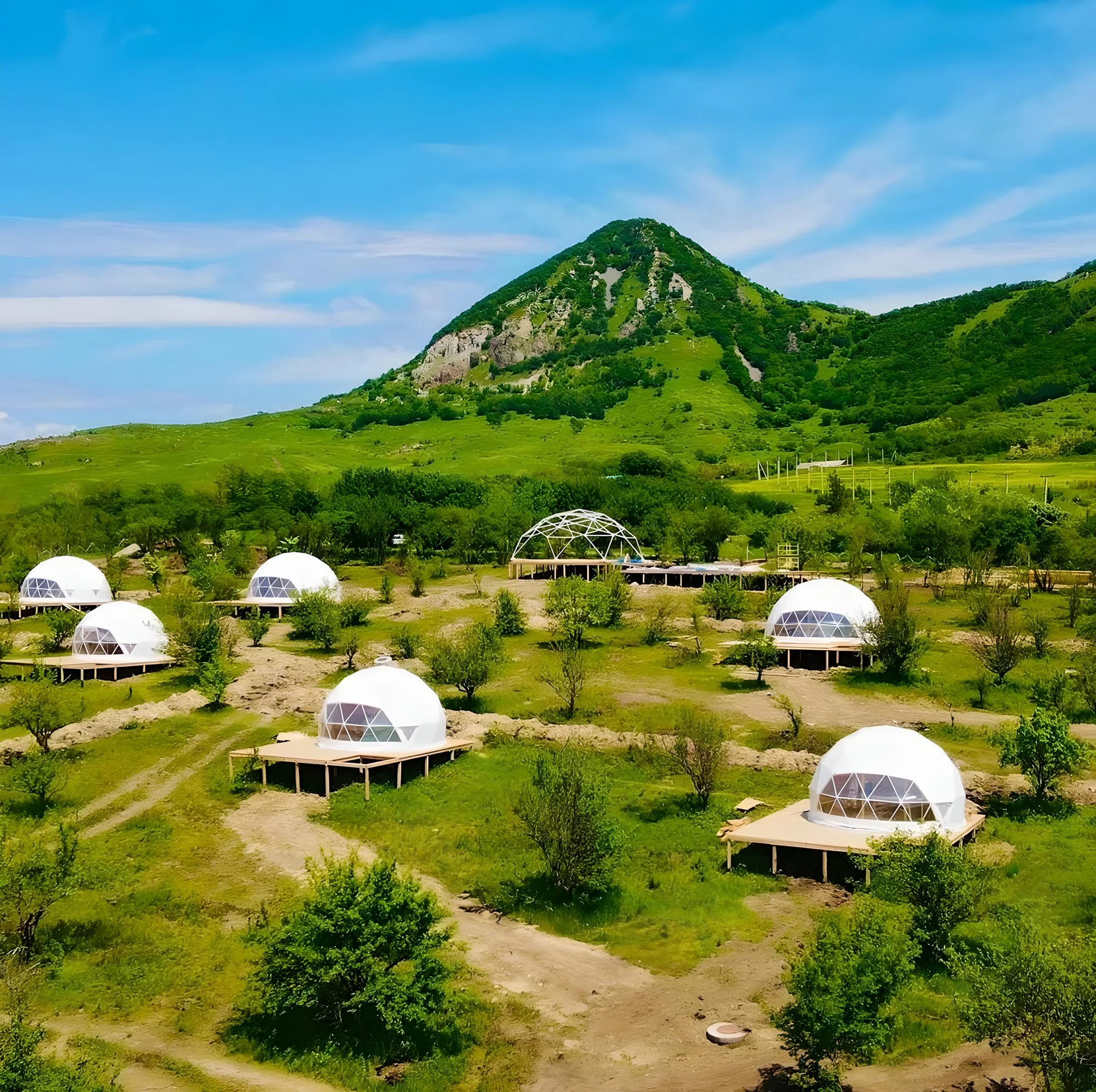 Više glamping kupola u turističkom kompleksu u prirodi